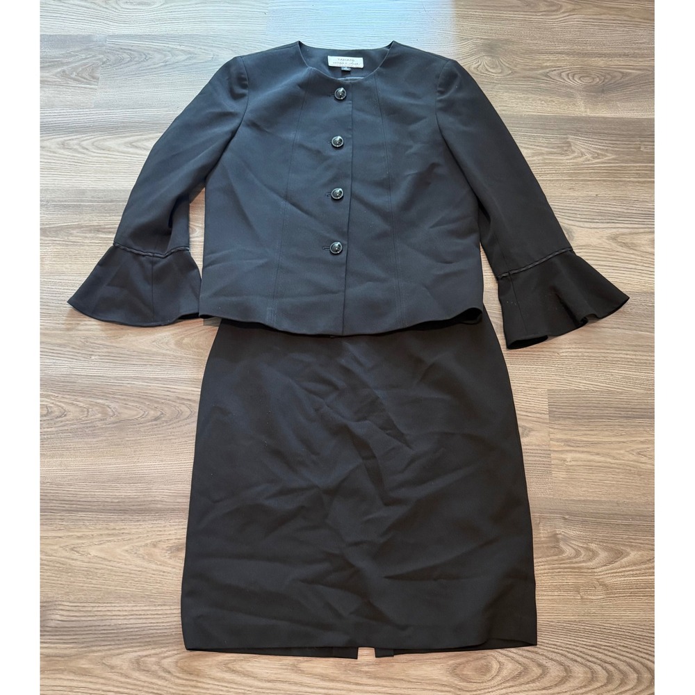 Tahari Arthur S Levine Black Skirt Suit Bell Sleeve Jacket Pencil Skirt Sz 10